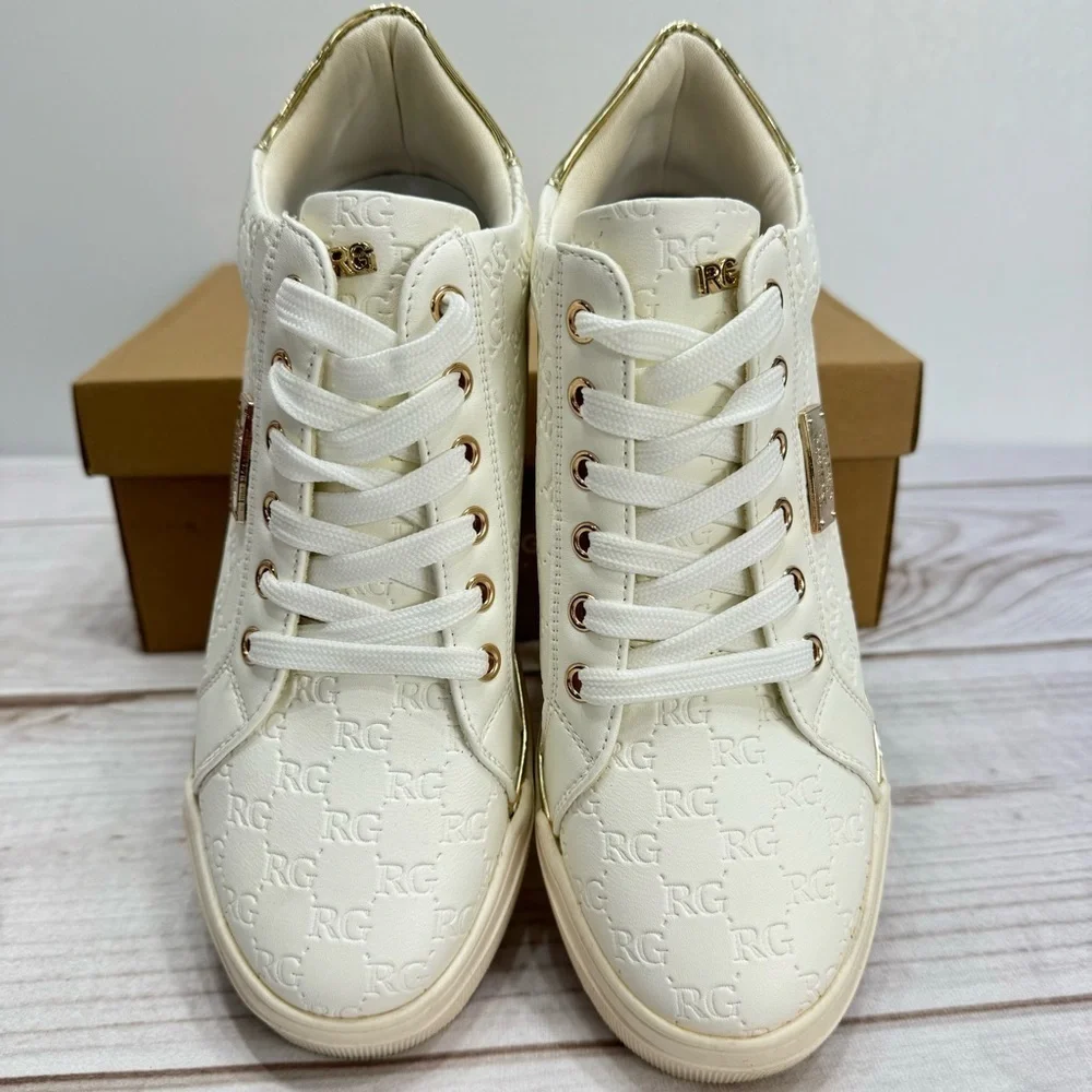 Renato Garini Step Up Your Game White & Gold High Top Wedge Sneakers NEW